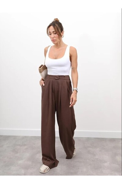 Maldia Shop Women's Elastic Waist Pleated Detail Brown Linen Palazzo Trousers
