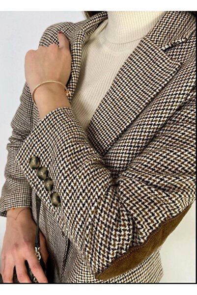 LOKADI Dvouřadá blejzrová bunda s hnědou podšívkou na loktech s jedním knoflíkem