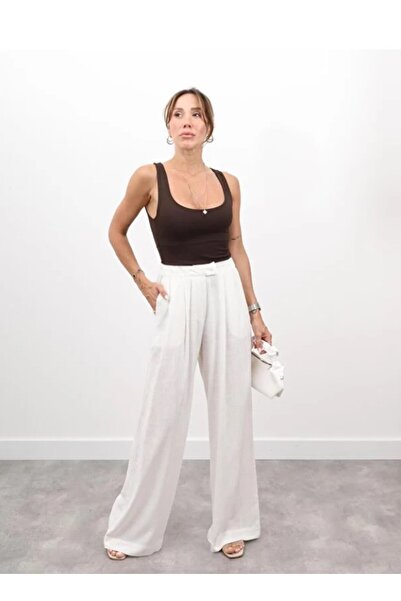 Maldia Shop Women's Elastic Waist Pleated Detail White Linen Palazzo Trousers