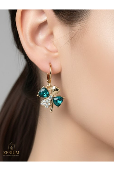 ZERİUM Yeşil Mozaik Dört Yapraklı Yonca Kadın Küpe