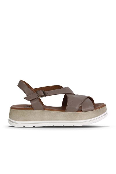 Bueno Shoes Γκρι δερμάτινα γυναικεία φλατ σανδάλια 01we3402