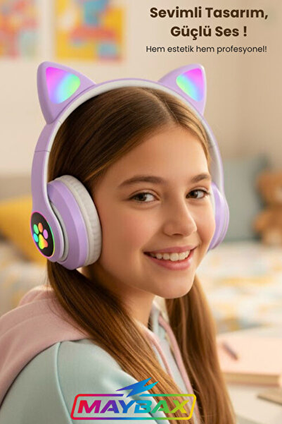 OWWOTECH Kablosuz Bluetooth Kulaklık Led Işıklı Mikrofonlu Kedili Kulaklık Bt5.0