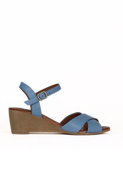 Bueno Shoes Μπλε δερμάτινα γυναικεία πέδιλα με τακούνι 01we4003