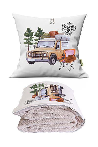 CAİSYA Camping Queen Baskılı Dekoratif Yastık Kırlent Opsiyonel Battaniye 2 in 1