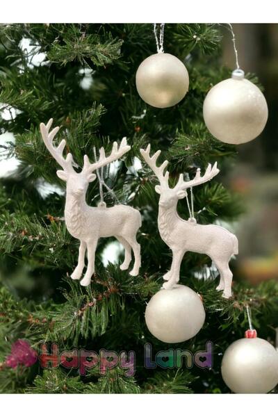 Happyland Yılbaşı Süsü Beyaz Geyik 2'li Yılbaşı Ağacı Geyik Süs Beyaz Asma Geyik Dekor Süsler 10 Cm