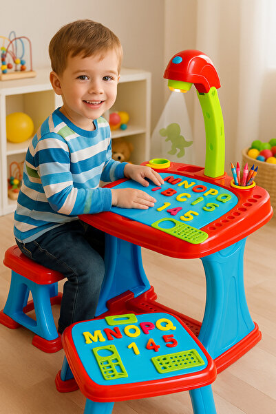 Bebelul Masuta educationala cu proiector scaun creioane magneti litere si cifre