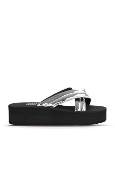 Bueno Shoes Silver Shiny Mirror Women's Wedge Heeled Slippers 26Wt614536