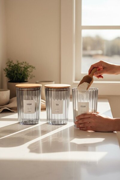 ANJEAHOME Roanne 3-Piece 2300 ML Wooden Lid Smoked Hard Plastic Food Storage Container Kitchen Organizer (Labeled)