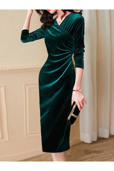 Bijuterria Women's Long Sleeve Double-Breasted Collared Side Gathered Front Cross Detailed Midi Velvet Dress