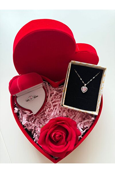 HKN AVM ACCESSORİES Kalpli Kutuda Kalpli Pembe Yüzük Kolye 14 Şubat Sevgililer Günü Hediyesi Advent Calendar