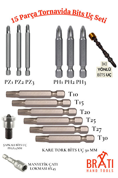 BRATİ HAND TOOLS 15 Parça Tornavida Bits Uç Seti (50MM PH1-PH2-PH3 50MM PZ1-PZ2-PZ3 50MM T10-T15-T20-T25-T27-T30)