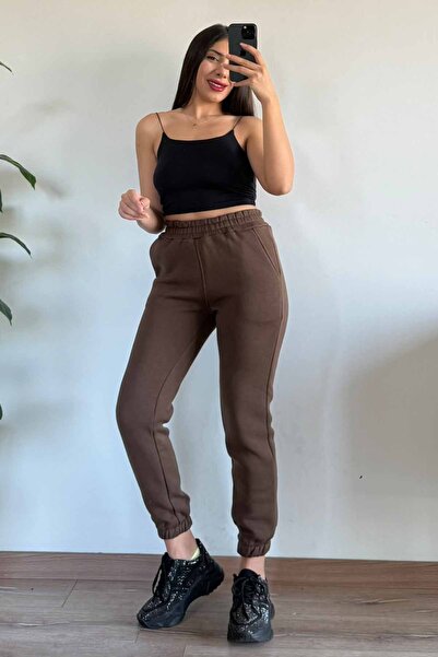 CİDDE Women's Winter 3 Thread Thick Fleece Lined High Waist Elasticated Leg Basic Jogger Sweatpants