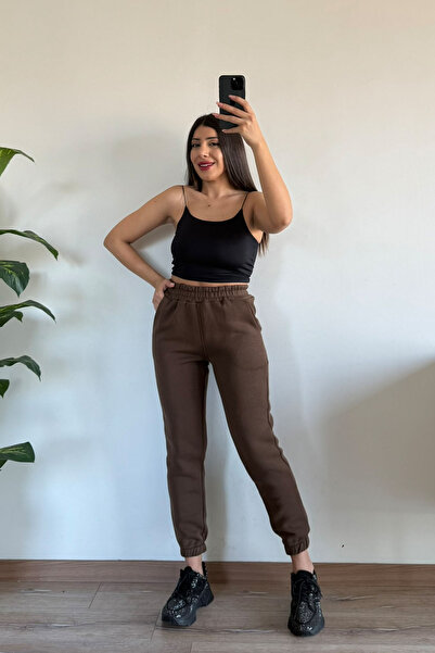 CİDDE Women's Winter 3 Thread Thick Fleece Lined High Waist Elasticated Leg Basic Jogger Sweatpants