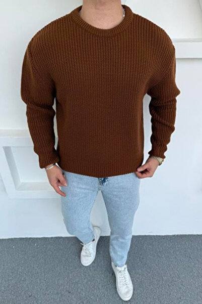 Tarz Cool Ανδρικά πλεκτά πλεκτά καφέ Regular Fit Crew Neck