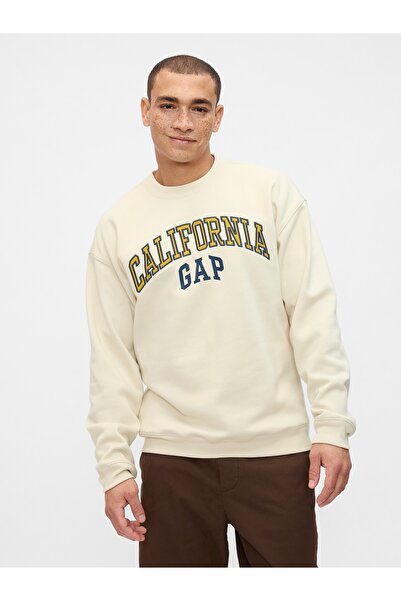 GAP Erkek Kırık Beyaz Logo Grafikli Relaxed Fleece Sweatshirt