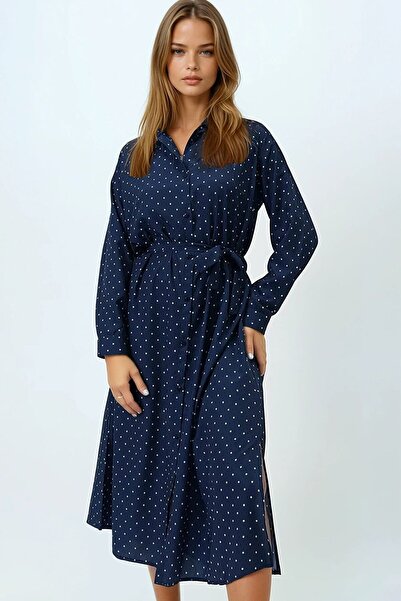 VAGGON Okyanus Mavisi Puantiye Desenli Dokuma Viscon Gömlek Elbise