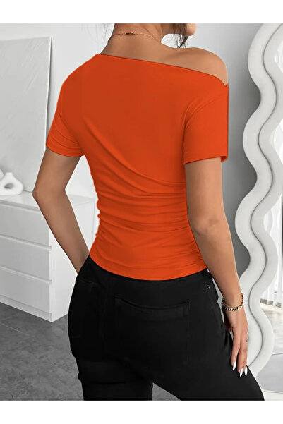 S PAZARIM Women's Short Sleeve One Shoulder Open Shirring Viscose Blouse