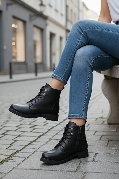 Y&D Shoes 2025-2026 Yeni Sezon Kadın Bağcıklı Fermuarlı Günlük Siyah Postal Bot