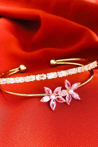 Bonicce Çiçekli Zirkon Taşlı Su Yolu 2li Kadın Çelik Kelepçe Bileklik Paslanmaz