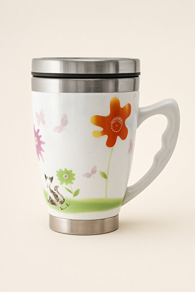 Luyano كوب ترمس سيراميك بنمط قطة ملونة سعة 300 مل قطعة واحدة - مع غطاء وعازل ...