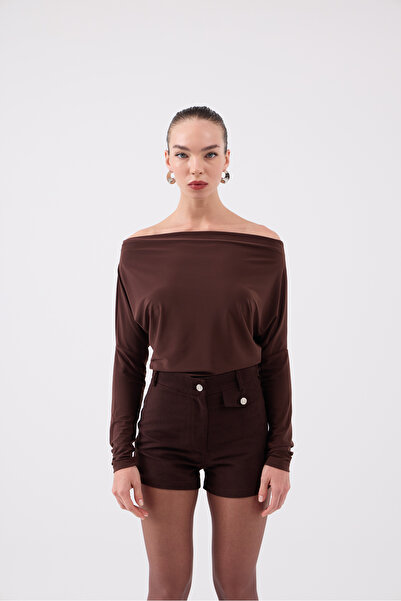 HOLLY LOLLY Asymmetrical Collar Talia Blouse Brown