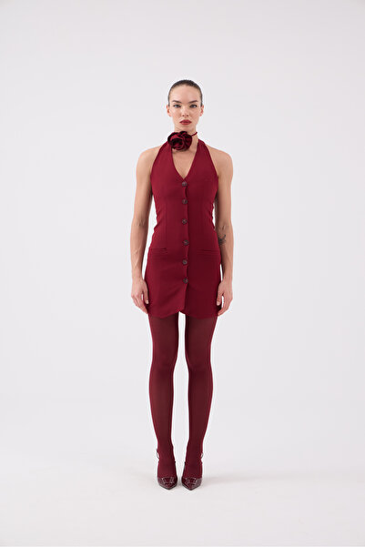 HOLLY LOLLY Мини рокля Becca с деколте и копчета с розови аксесоари в бордо