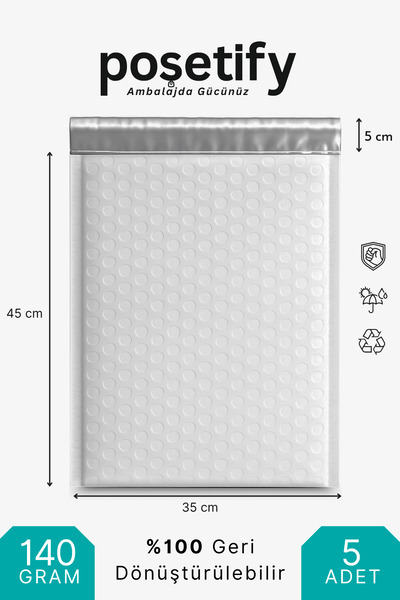 POŞETİFY Balonlu Kargo Poşeti 35x45x5 cm | 5 Adet | Beyaz | Yapışkan Bantlı K...