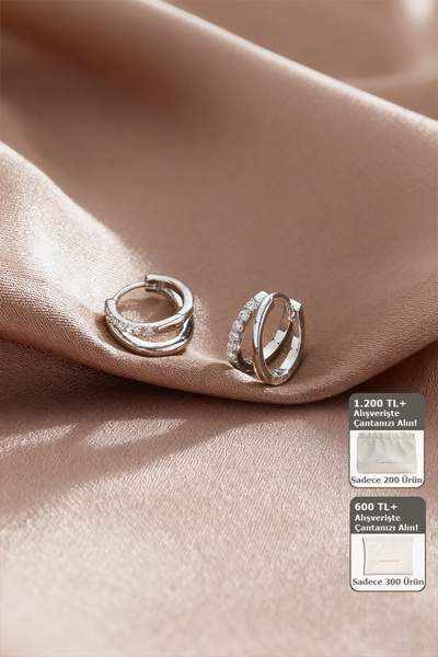 Shylyn 925 Gümüş İğneli Çift Halka Zirkon Taşlı Beyaz Altın Kaplama Küpe