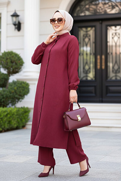 N.S NEVA STYLE Buttoned Burgundy Hijab Suit 19017Br