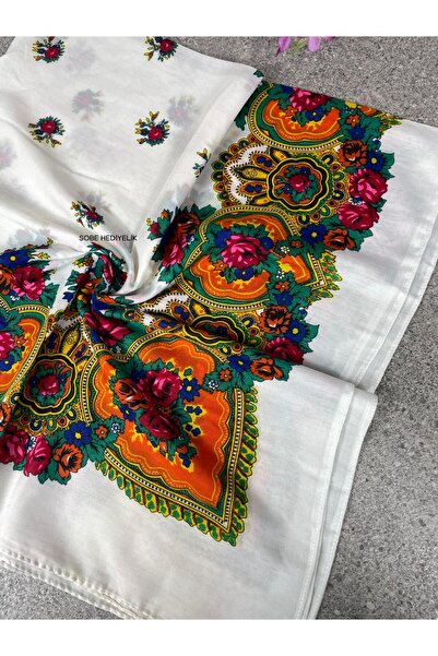 Sobe Hediyelik Mardin Calligraphy White Background Floral Patterned Headscarf 100X100 cm – Dowry and Daily Use