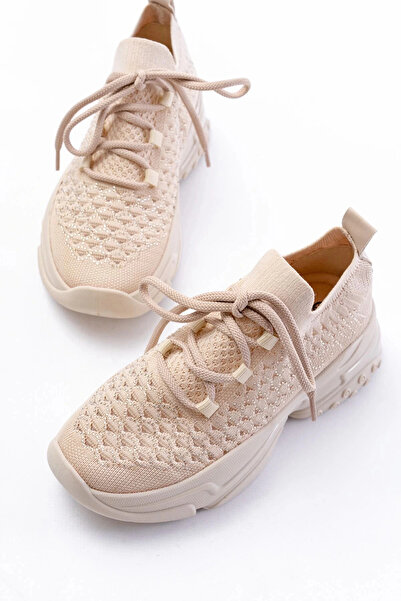 İnfon Ayakkabı Marketi Beige Daily Lace-Up Mesh Women's Sports Shoes with Stone Accessories