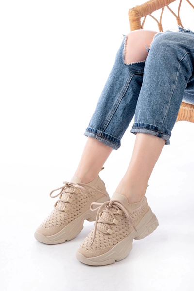 İnfon Ayakkabı Marketi Beige Daily Lace-Up Mesh Women's Sports Shoes with Stone Accessories