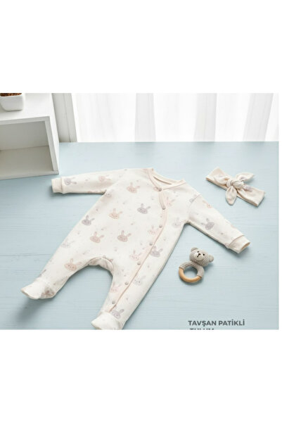 Kidsella 100% Organic Rabbit Printed Jumpsuit with Headband and Footies