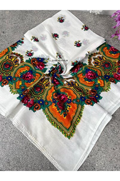 Sobe Hediyelik Mardin Calligraphy White Background Floral Patterned Headscarf 100X100 cm – Dowry and Daily Use