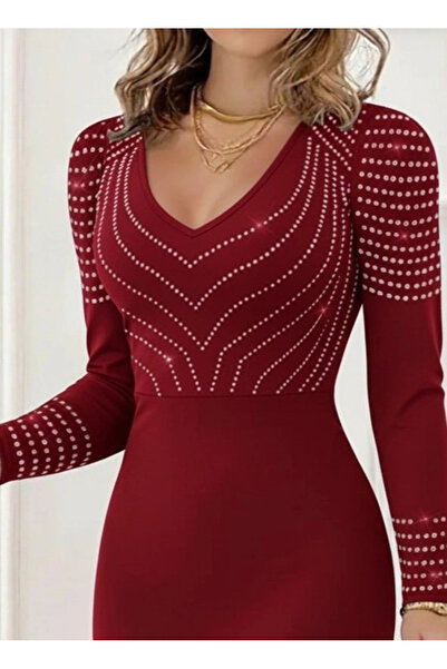 babatr.com Mdb Women's Long Sleeve V-Neck Rhinestone Mini Imported Crepe Dress