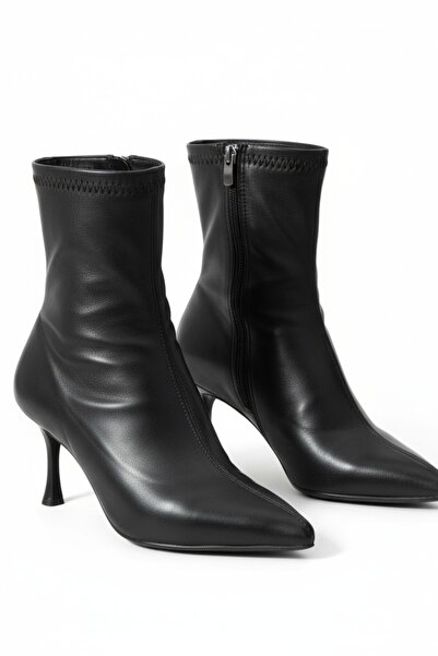 Cochines Siyah Streç Bot Kadın İnce Stiletto Topuk Fermuarlı Rahat Günlük Topuklu Bot