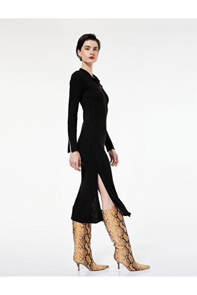 Koton Uzun Kollu Yırtmaçlı Polo Yaka Uzun Triko Kalem Elbise