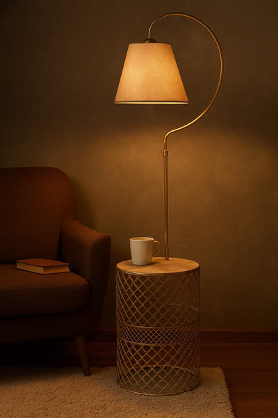 VENON Sehpalı Lambader Elips Krem Sarı Patine Metal Gövde ⭐️Krem Kumaş Şapka⭐️Salon Köşe Lambası