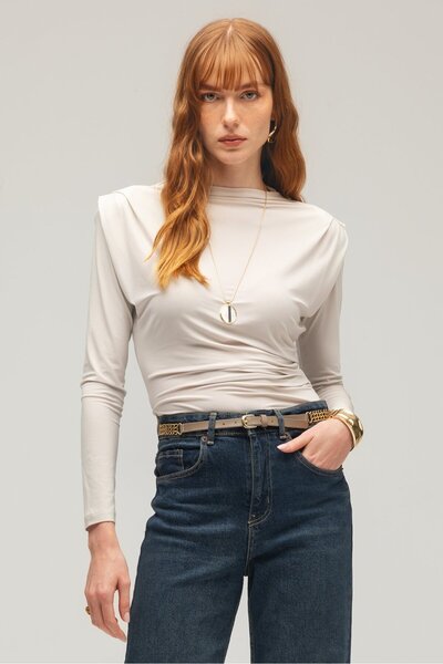 Saade Γυναικεία πλεκτή μπλούζα με μακρύ μανίκι ντραπέ τεμαχίων - βάτα τεμαχίων με λεπτομέρεια πλισέ