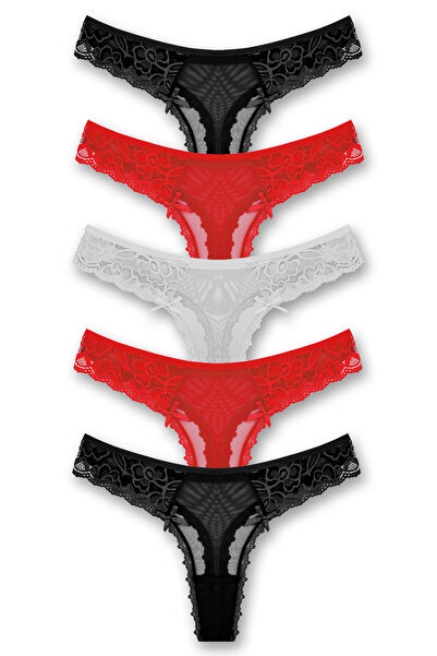Zena Set de 5 chiloți tanga de damă cu detalii din tul și dantelă