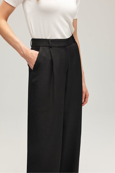 Saade Kadın Yün Görünümlü Yüksek Bel Geniş Paça Dokuma Pantolon