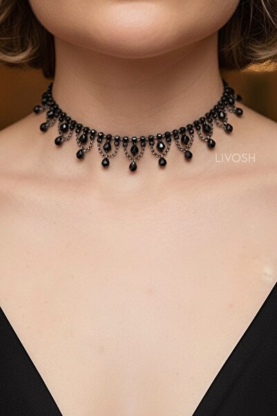 LIVOSH قلادة كريستال سوداء أنيقة