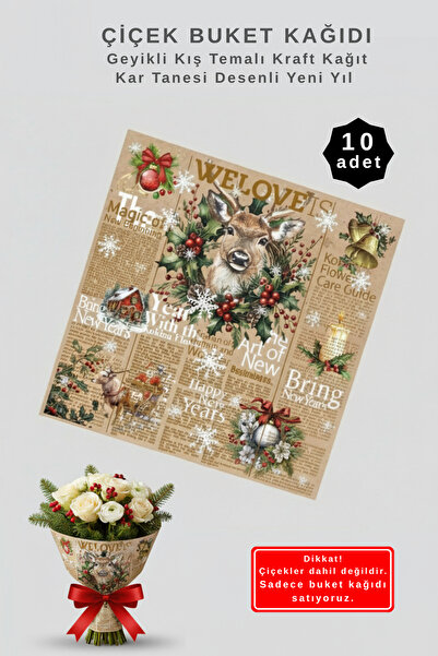 COLORPAK Geyikli Kış Temalı Çiçek Sarma Kağıdı / Kar Tanesi Desenli Yeni Yıl Buket Ambalajı 55x55cm 10 adet