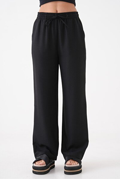 Saade Kadın Beli Lastikli Bağlamalı Bol Paça Dokuma Pantolon