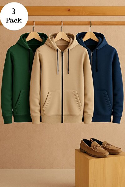 DAMGA JEANS Men's Casual Zippered Hooded 3-Piece Sweatshirt