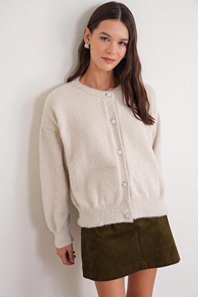 Mixray 6902 Women's Bearded Basic Soft Textured Knitwear Cardigan Natural