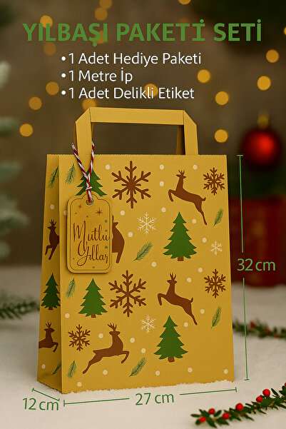 Dekals 3Lü Set Büyük Boy Kraft Flat Saplı Hediye Poşeti + 1 Metre Süs İp + Yılbaşı Tebrik Kartı