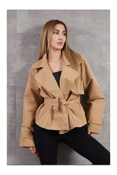 zenne Kruvaze Yaka Tokalı Kısa Sütlü Kahve Trençkot