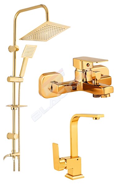 BF BLACKFİT Gold Kare Banyo Seti Tepe Duş Seti Lavabo Ve Banyo Bataryası Çeşmesi