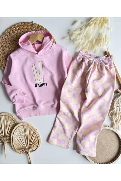 anonim Girl's Rabbit Printed Pink 3 Thread Bottom Top Set